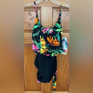 NWT Ladies Slim Allure Vintage One Piece Swimsuit size 10 Black Multicolor